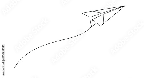 Simple black line drawing of a paper airplane soaring through the air leaving a curved trail behind it