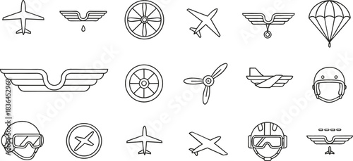 Collection of aviation and flight related icons in outline style