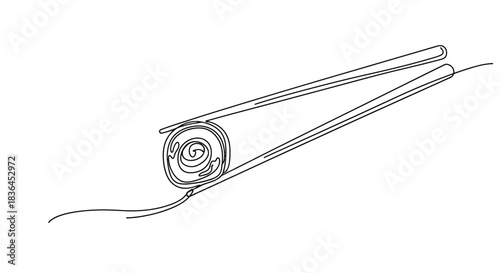 Minimalist single line drawing of chopsticks holding a sushi roll with a swirl pattern