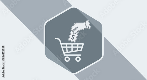 Monochrome icon of a hand placing money into a shopping cart