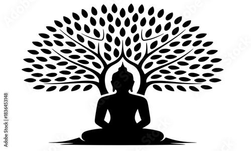 Meditating Buddha Silhouette Under Bodhi Tree, Black Vector Graphic, Enlightenment Symbol, Peace, Yoga, and Spiritual Design