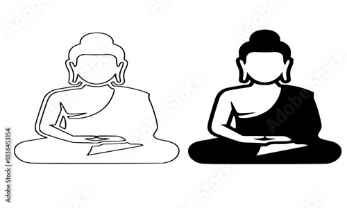 Buddha Icon Set, Meditation Pose Outline and Solid Black Silhouette, Traditional Line Art Vector, Spirituality, Yoga, and Nirvana Symbolism
