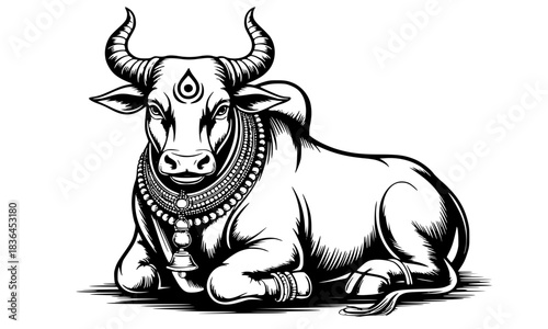 Sacred Nandi Bull Silhouette, Black and White Traditional Indian Mythology Vector, Vehicle of Lord Shiva with Third Eye and Adornments, Hinduism Symbol