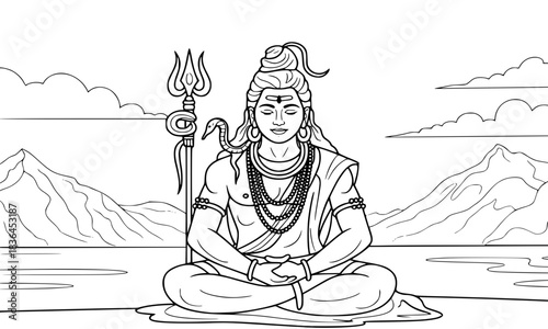 Lord Shiva Meditating Line Art, Coloring Book Page Illustration of Hindu God in Lotus Position with Trishula, Himalayas Background, Maha Shivaratri Concept