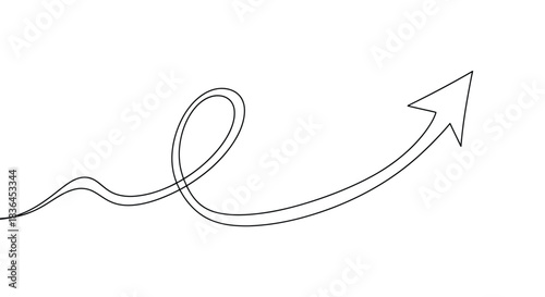 A single continuous black line forms a winding path that culminates in an upward pointing arrow