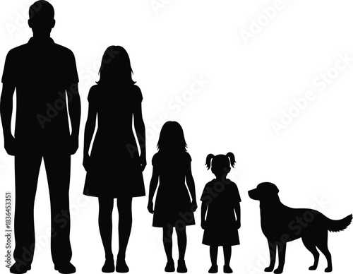 Family, silhouettes, standing, together, with, children, and, dog, representing, unity, parenting, bonding, lifestyle, love, support, relationship, care, connection
