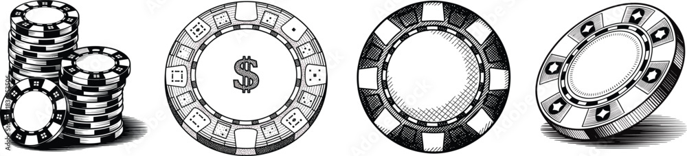 Fototapeta premium Black and White Engraved Poker Chips Illustration – Vintage Casino Gambling Design