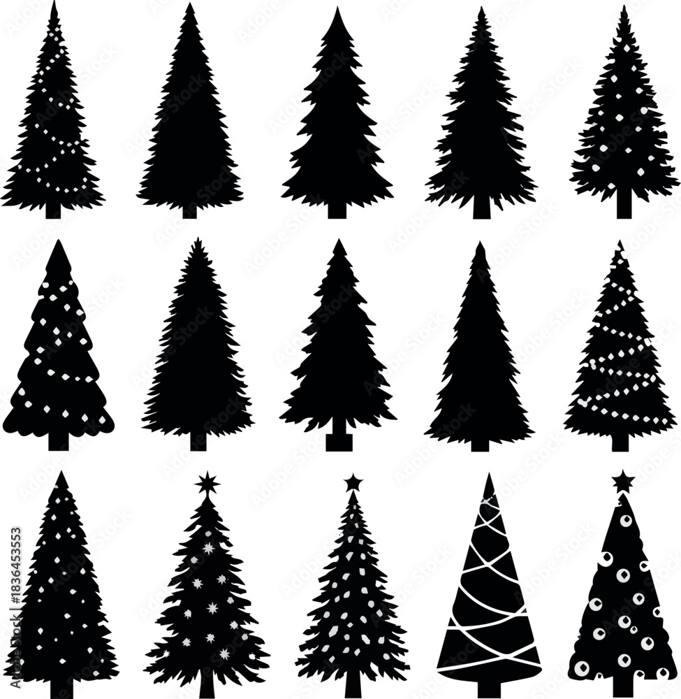 Obraz premium Christmas tree silhouette clipart set. Black Christmas tree drawing clip art collection in white background for xmas season pine tree flat icon decoration vector illustration.