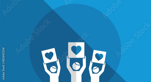 Three stylized figures holding up signs with blue hearts against a blue background