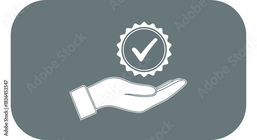Hand holding a badge with a checkmark symbolizing quality assurance and approval