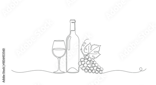 Elegant single line drawing of wine bottle glass and grapes on a white background
