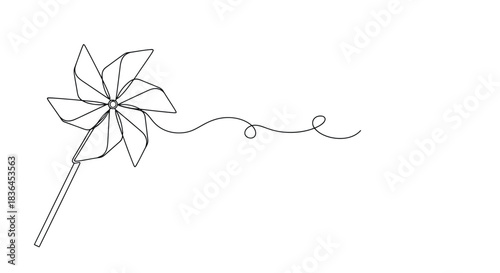 Minimalist single line drawing of a pinwheel toy with a whimsical curly ribbon trailing behind it