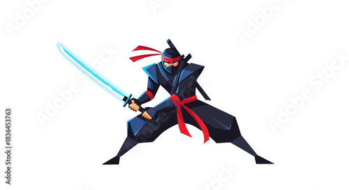 Ninja with Glowing Sword: An enigmatic ninja poised in a dynamic stance, gripping a luminous sword, embodying precision, stealth, and a striking presence.