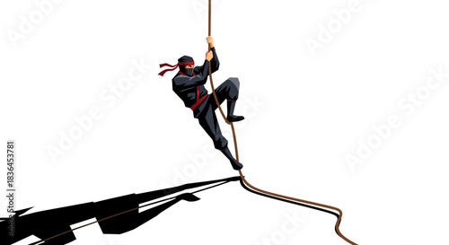 Ninja Climbing: A ninja, silhouetted against a stark backdrop, ascends a rope, demonstrating agility, strength, and determination in the face of an uncertain journey.