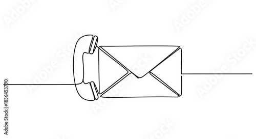 Minimalist continuous line drawing of a vintage telephone receiver resting on an envelope symbolizing communication and correspondence