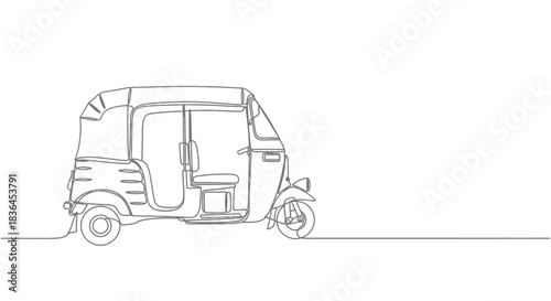 Minimalist single line drawing of a traditional three wheeled auto rickshaw taxi in gray outline
