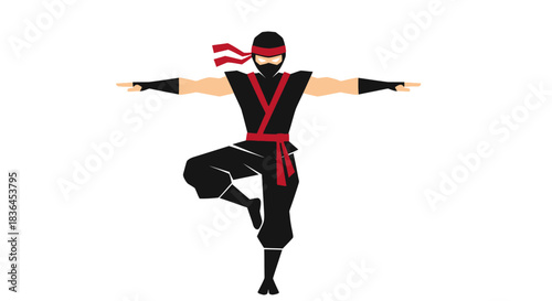 Ninja's Balance: A solitary ninja, attired in traditional garb, showcases an extraordinary display of poise, embodying the essence of strength, skill, and stealth. 