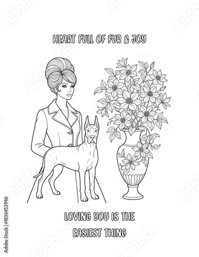 Great Dane. Romantic floral dog coloring pages with women and puppies, heart backgrounds, flowers, and cute pets for adult coloring books
