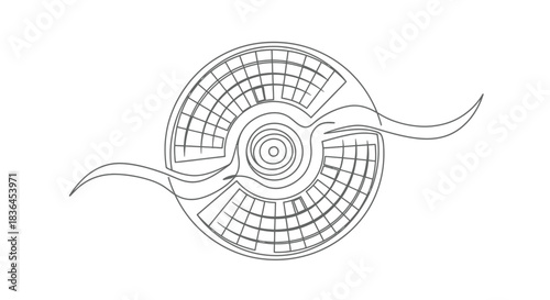Abstract circular design with concentric rings and grid patterns evoking a futuristic or organic structure