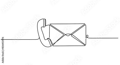 Minimalist single line drawing of a vintage telephone receiver connected to a sealed envelope symbolizing communication methods