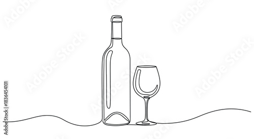 Elegant single line drawing of a wine bottle and glass on a wavy surface