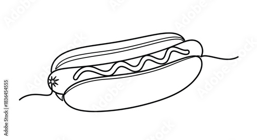 A simple black and white line drawing of a classic hot dog with a bun and wavy mustard topping
