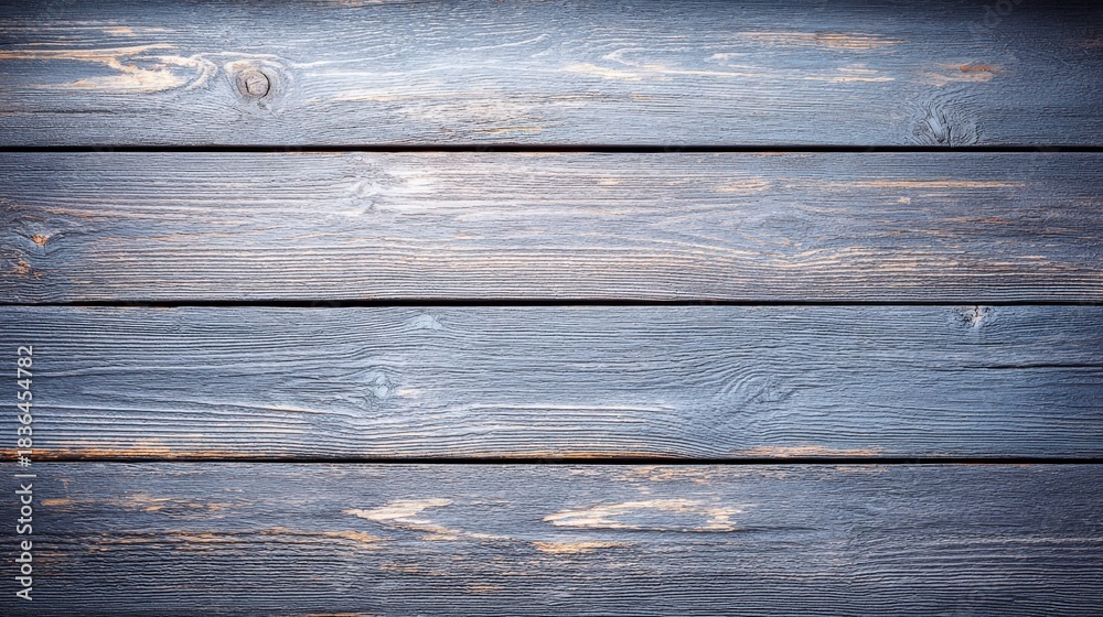 Obraz premium A close-up view of weathered wooden planks, showcasing a textured surface with a mix of blue and natural wood tones.