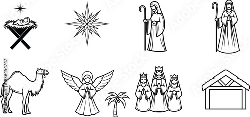 Nativity scene illustration set with baby Jesus, star, shepherds, angel, wise men, stable and Christmas biblical elements for design