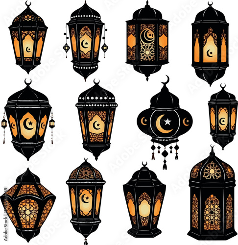 Create Arab islamic lantern or lamp silhouettes, ramadan or eid mubarak holiday illumination items. Isolated vector ornate symbols of light, joy and celebration. Decorative homes and street festive la