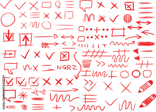 Crayon marks set, red pencil drawings. Doodle chalk punctuation, symbols, underlines, strikethroughs, arrows, check marks, dots and ellipses. Hand drawn line symbols. Vector illustration.