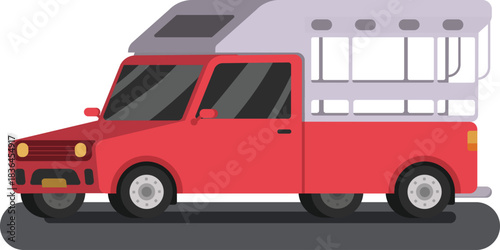 Thai red minibus flat design.Thai Taxi in Chiang Mai transportation.Red Pick-up Truck Taxi