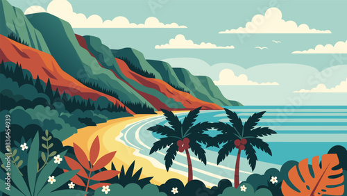 A serene vector illustration of a secluded tropical beach paradise with towering coastal cliffs, golden sand, and lush palm trees