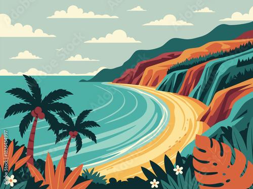 Scenic Coastal Paradise Serene Beach with Lush Palm Trees, Ocean Waves, and Rolling Hills under a Bright Sky