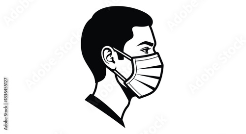 Side profile illustration of a man wearing a protective face mask isolated on