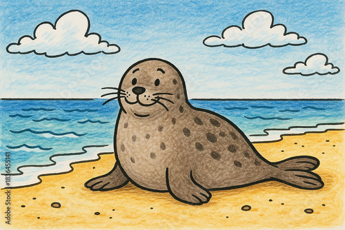Cute cartoon seal resting on sunny beach near the ocean