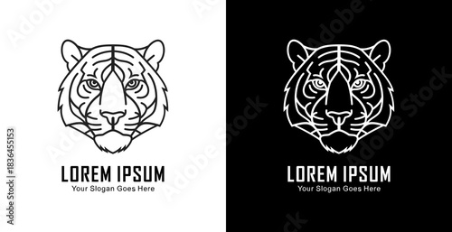 Tiger head logo design, front view, with modern line art style