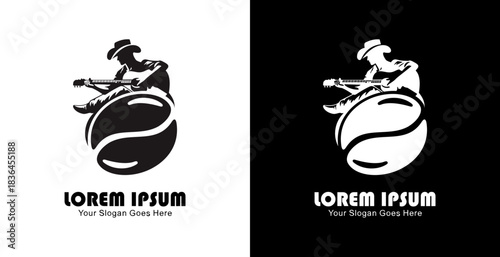 Coffee bean shaped logo design combined with a silhouette of a man playing a guitar