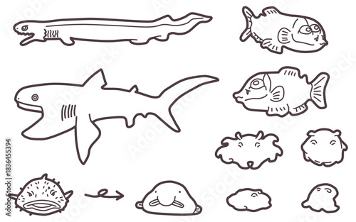 シンプルにデフォルメしたメンダコやサメなどの深海生物イラストセット