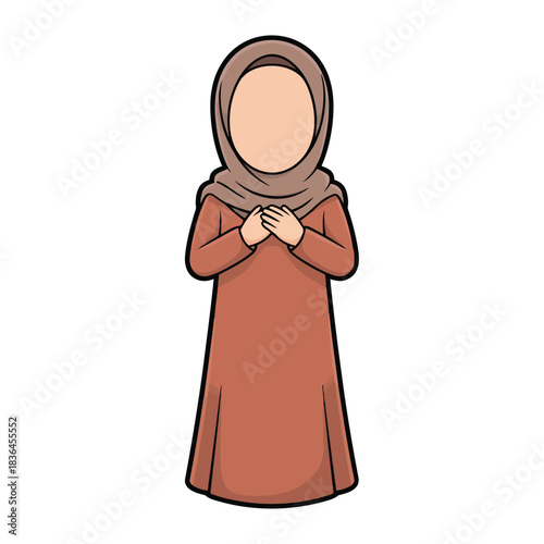 A simple cartoon illustration of a faceless Muslim woman in a hijab and abaya, a conceptual design representing faith and modesty