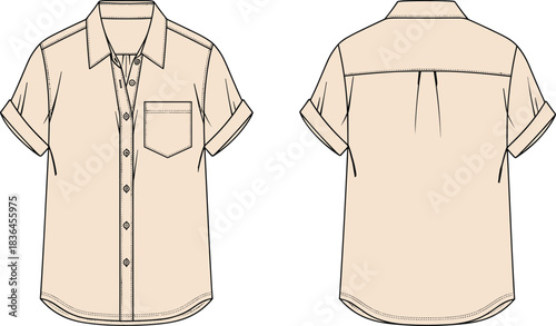 Short sleeve button-up shirt technical flat sketch front and back view, collar, chest pocket, folded cuff, yoke, box pleat