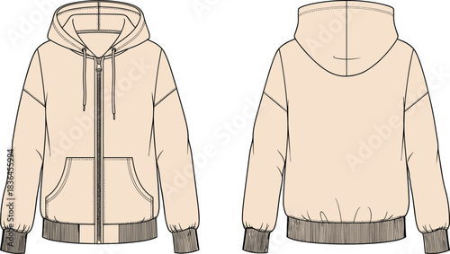 Hooded zip-up jacket technical flat sketch with front and back views, patch pockets, ribbed cuffs, hem, and drawstring hood