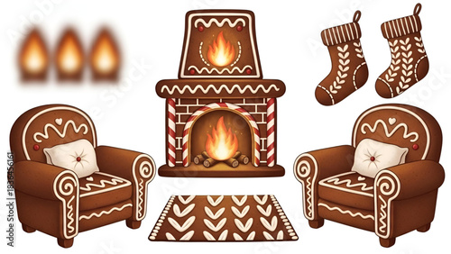 Gingerbread christmas living room fireplace chairs stockings rug decor