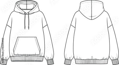 Oversized hoodie vector technical flat sketch illustration front and back view with kangaroo pocket for apparel design and tech pack mockup