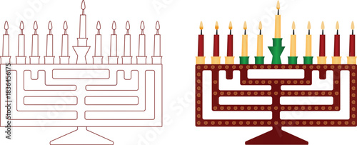 Hanukkah Elegant Menorah Candle Holder Vector Illustration  Design with Lit Candles