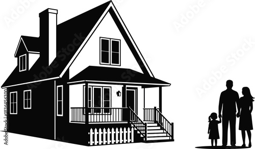 Silhouette family standing beside home, house illustration with parents and child, real estate concept showing family ownership and security
