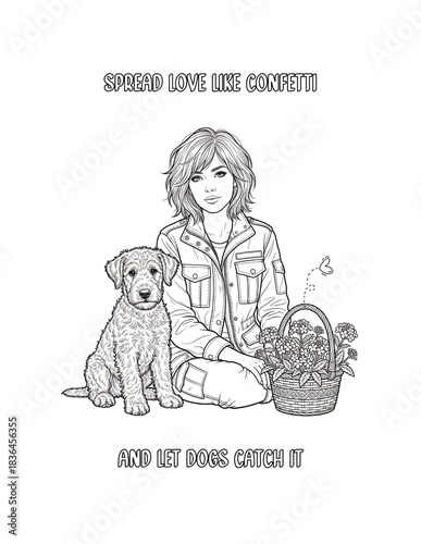 Airedale Terrier. Romantic floral dog coloring pages with women and puppies, heart backgrounds, flowers, and cute pets for adult coloring books
