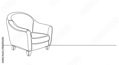 Elegant single line drawing of a comfortable armchair with rounded arms and plush cushions on white background