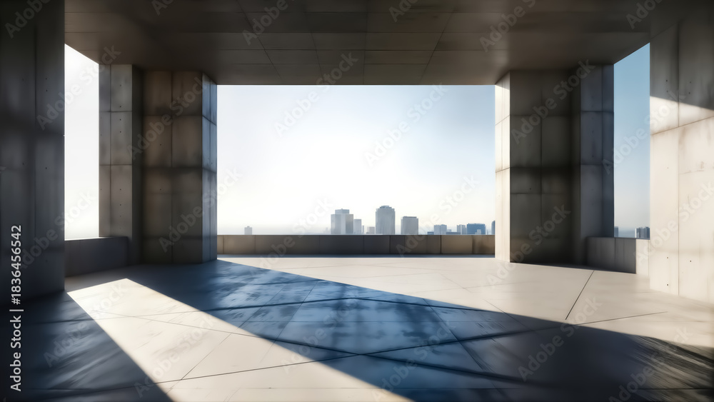 Naklejka premium Empty modern concrete balcony or terrace overlooking a bright cityscape skyline with strong sunlight casting dramatic shadows across the floor