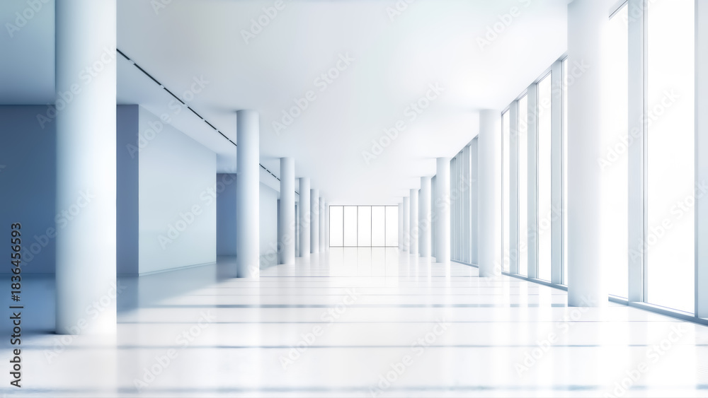 Obraz premium Bright and modern minimalist interior hallway with tall white columns and large windows creating a sense of depth and spaciousness in an architectural setting