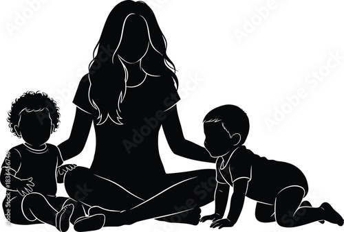 Silhouette of mother sitting with two young children, symbolizing parenting, care, family bonding, childhood, nurturing, support, and togetherness